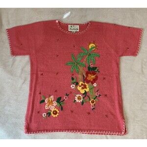 Quacker Factory L Pink Tropical Floral Palm Trees Theme SS Tunic Sweater